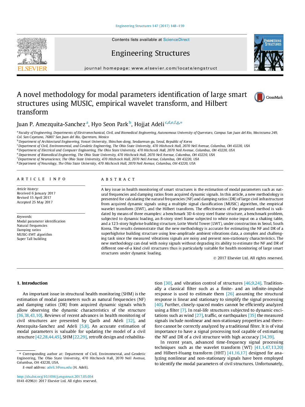 A novel methodology for modal parameters identification of large smart structures using MUSIC, empirical wavelet transform, and Hilbert transform