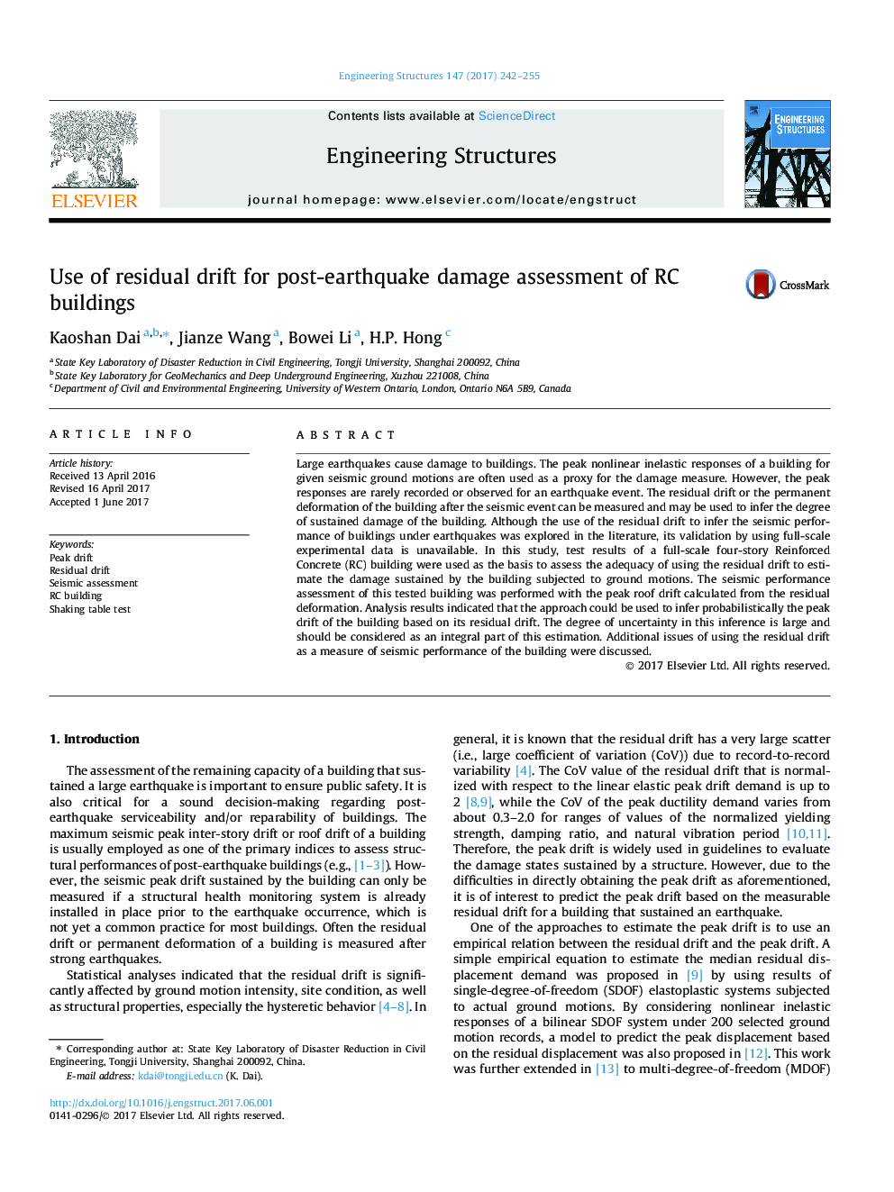 Use of residual drift for post-earthquake damage assessment of RC buildings