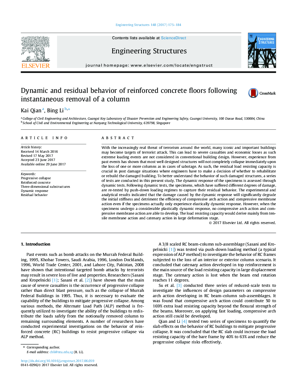 Dynamic and residual behavior of reinforced concrete floors following instantaneous removal of a column