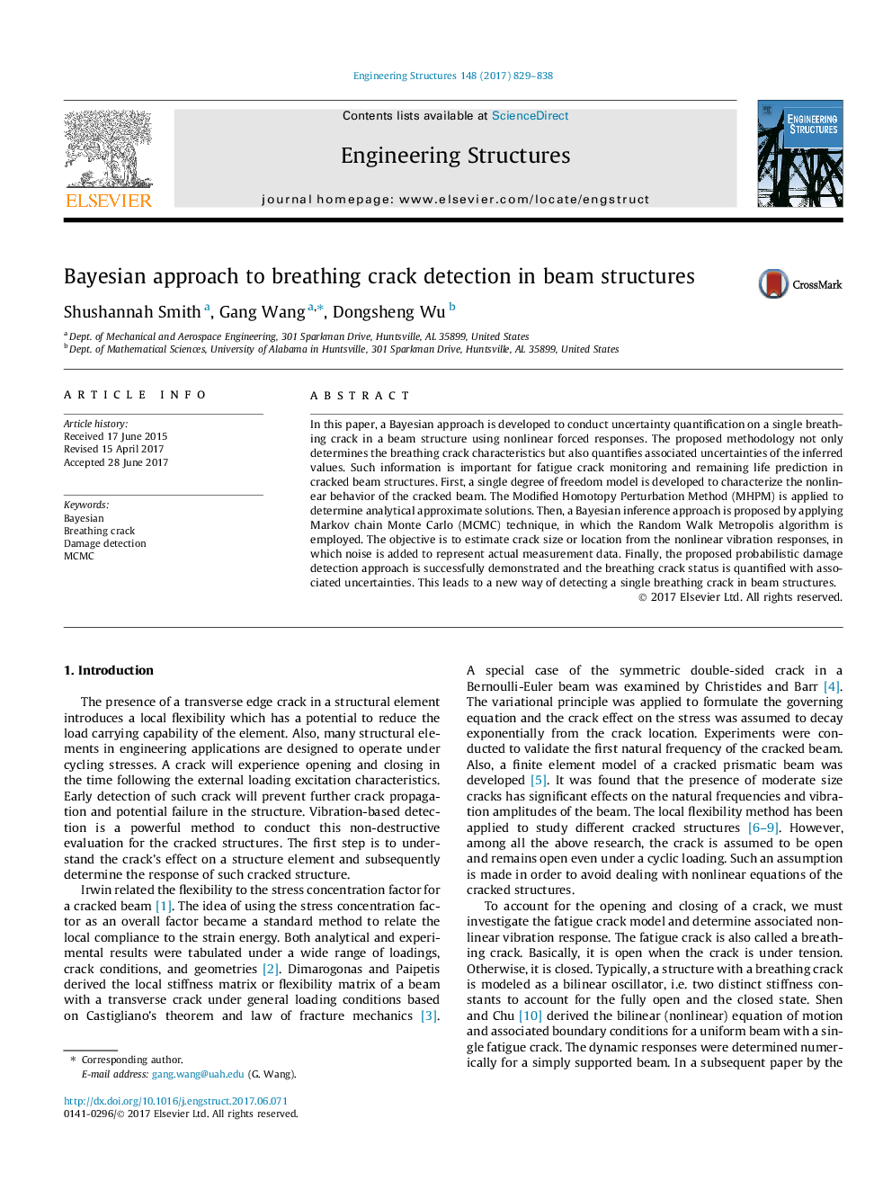 Bayesian approach to breathing crack detection in beam structures