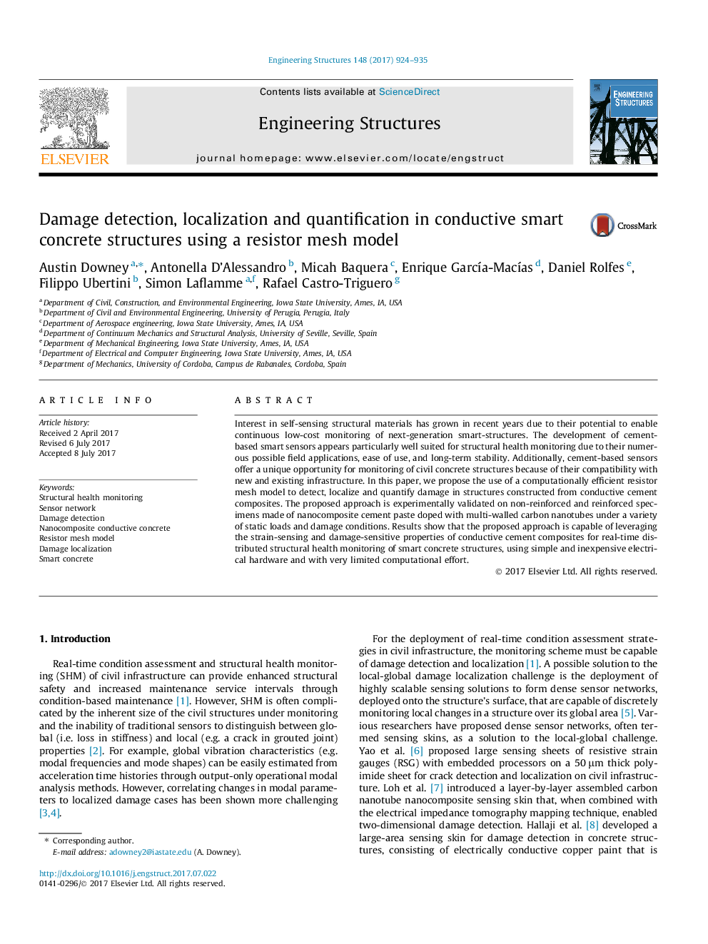 Damage detection, localization and quantification in conductive smart concrete structures using a resistor mesh model