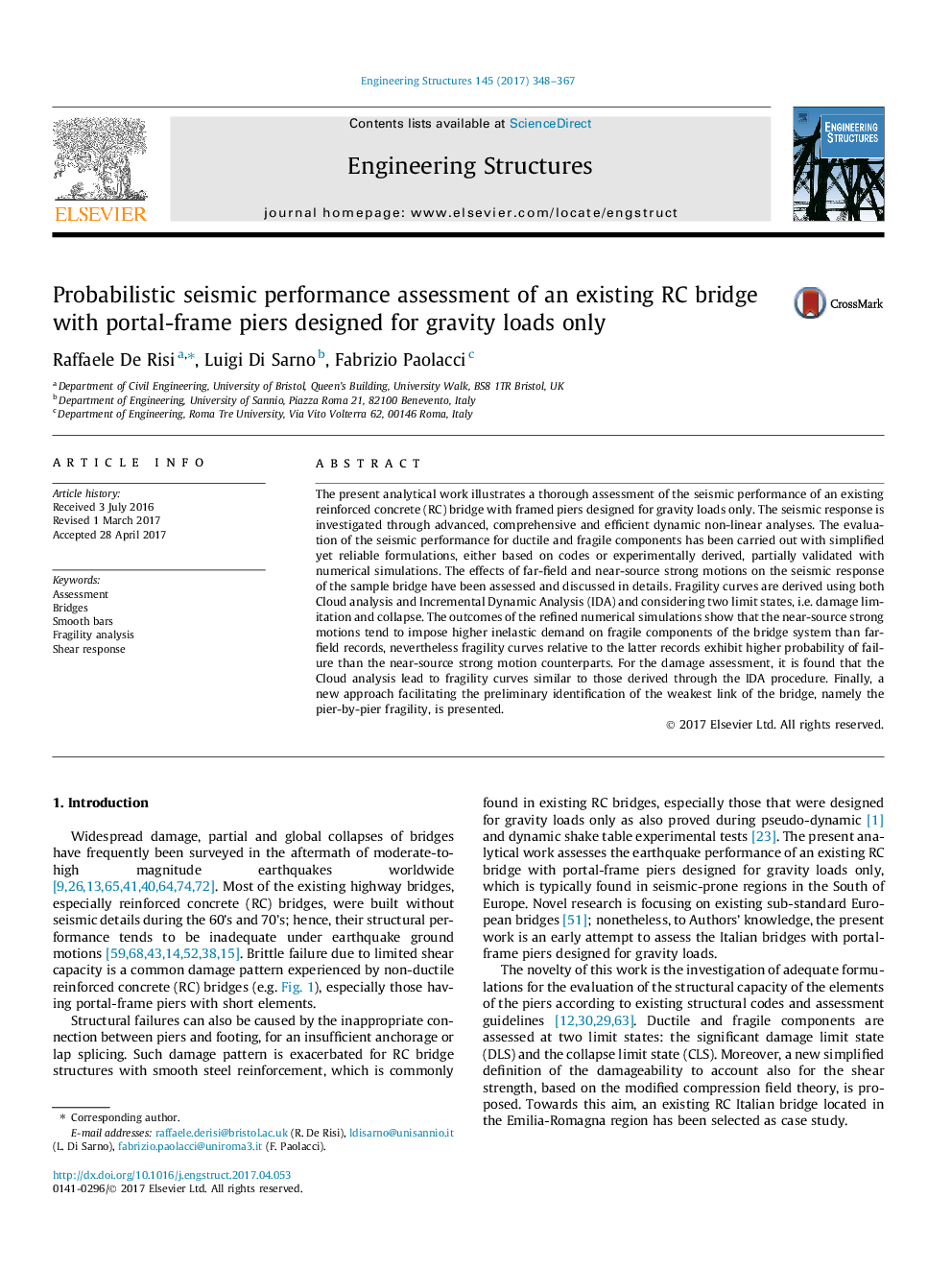 Probabilistic seismic performance assessment of an existing RC bridge with portal-frame piers designed for gravity loads only