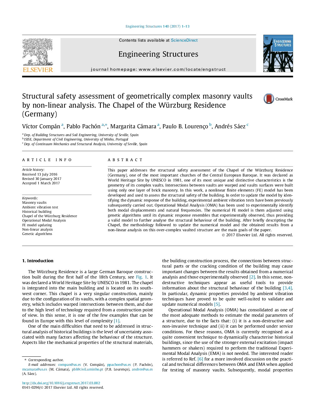 Structural safety assessment of geometrically complex masonry vaults by non-linear analysis. The Chapel of the Würzburg Residence (Germany)