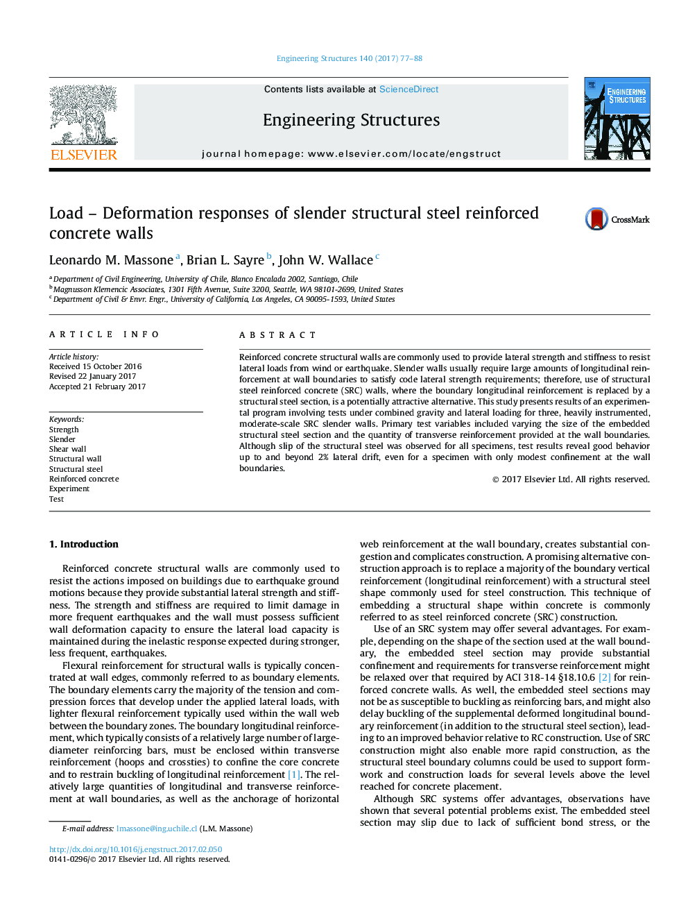 Load - Deformation responses of slender structural steel reinforced concrete walls