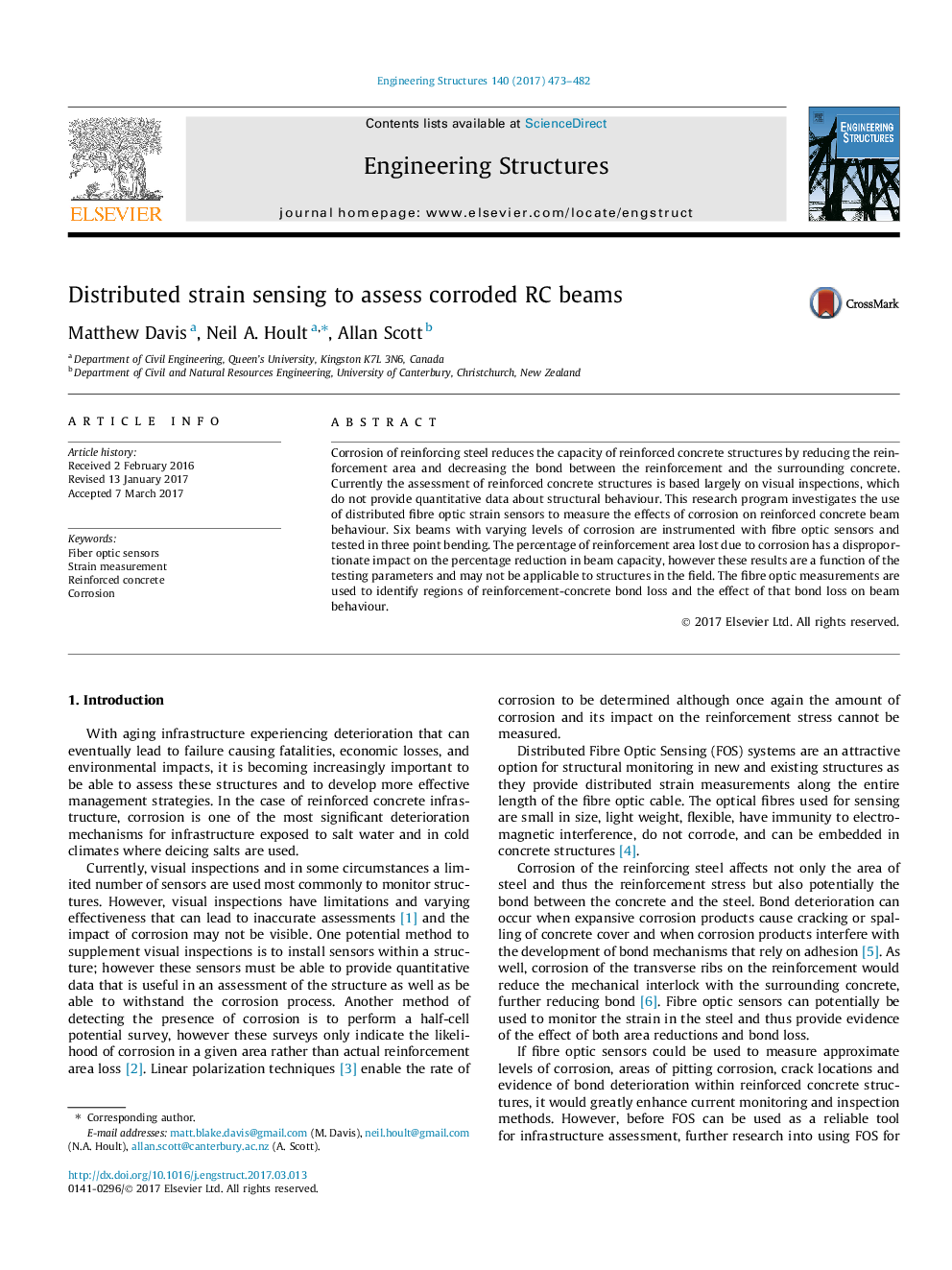 Distributed strain sensing to assess corroded RC beams