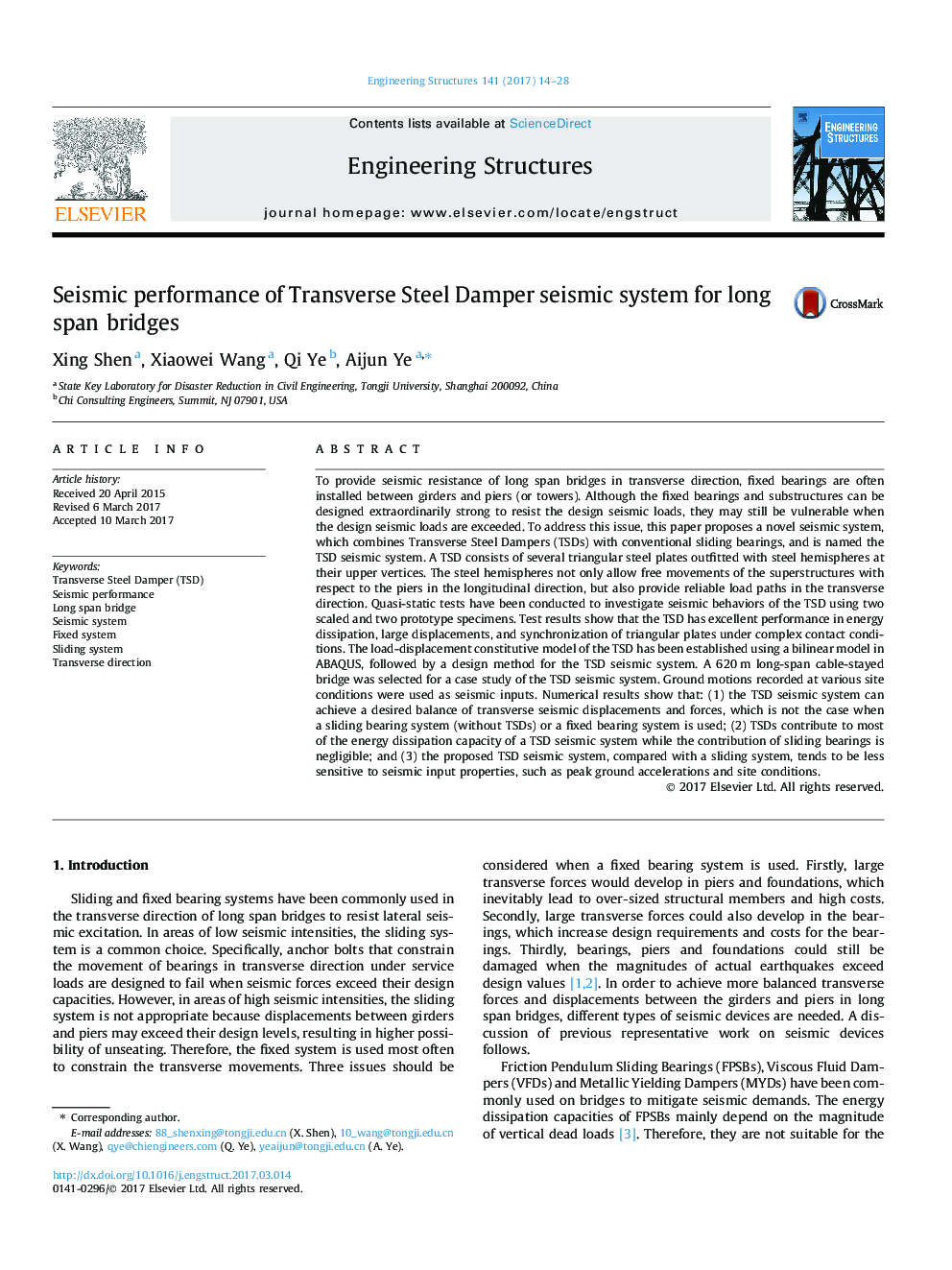 Seismic performance of Transverse Steel Damper seismic system for long span bridges