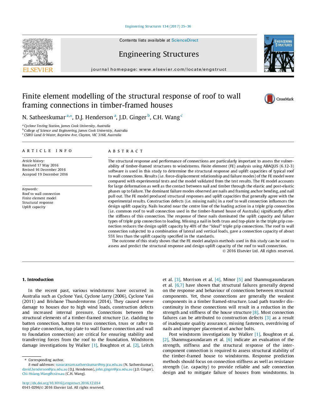 Finite element modelling of the structural response of roof to wall framing connections in timber-framed houses