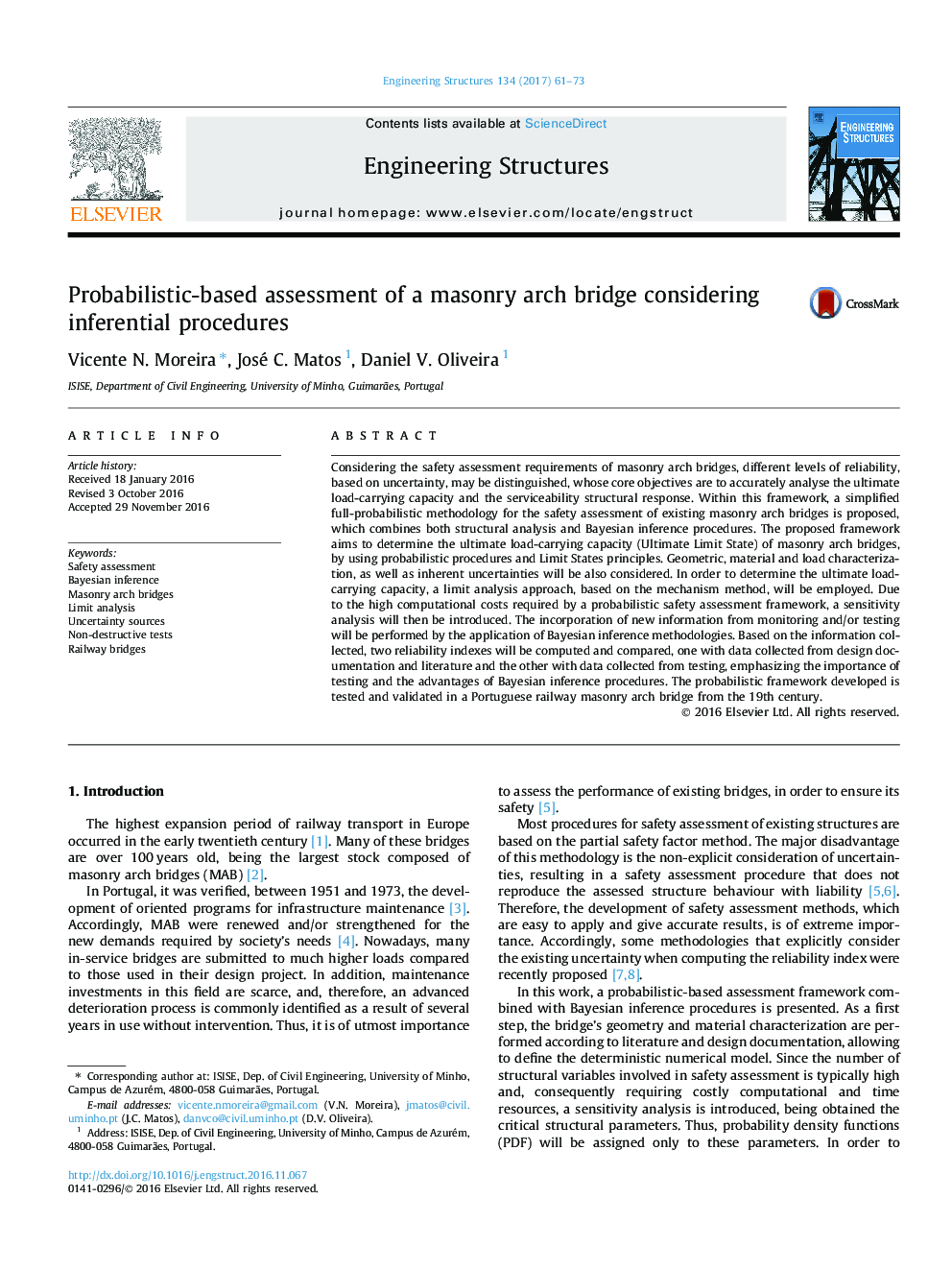 Probabilistic-based assessment of a masonry arch bridge considering inferential procedures