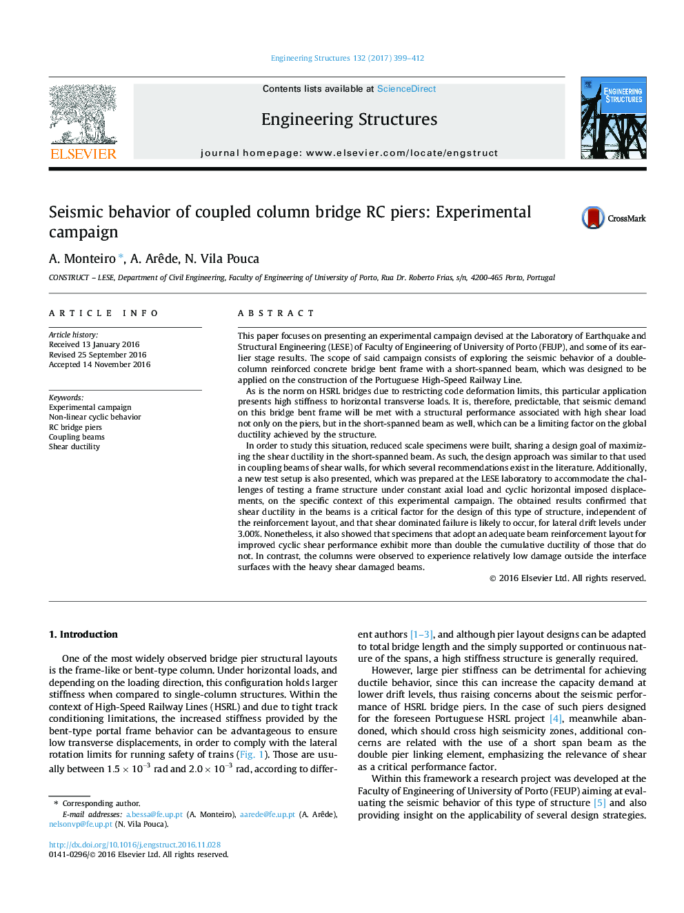 Seismic behavior of coupled column bridge RC piers: Experimental campaign