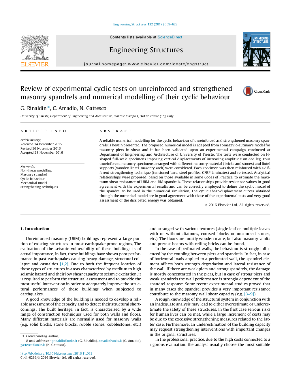 Review of experimental cyclic tests on unreinforced and strengthened masonry spandrels and numerical modelling of their cyclic behaviour