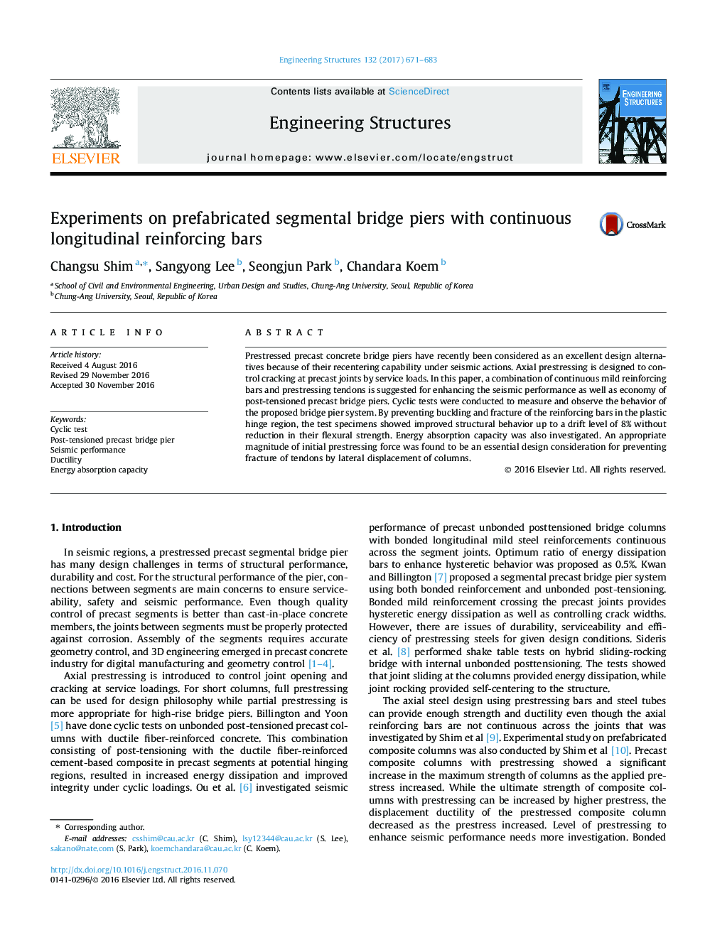 Experiments on prefabricated segmental bridge piers with continuous longitudinal reinforcing bars