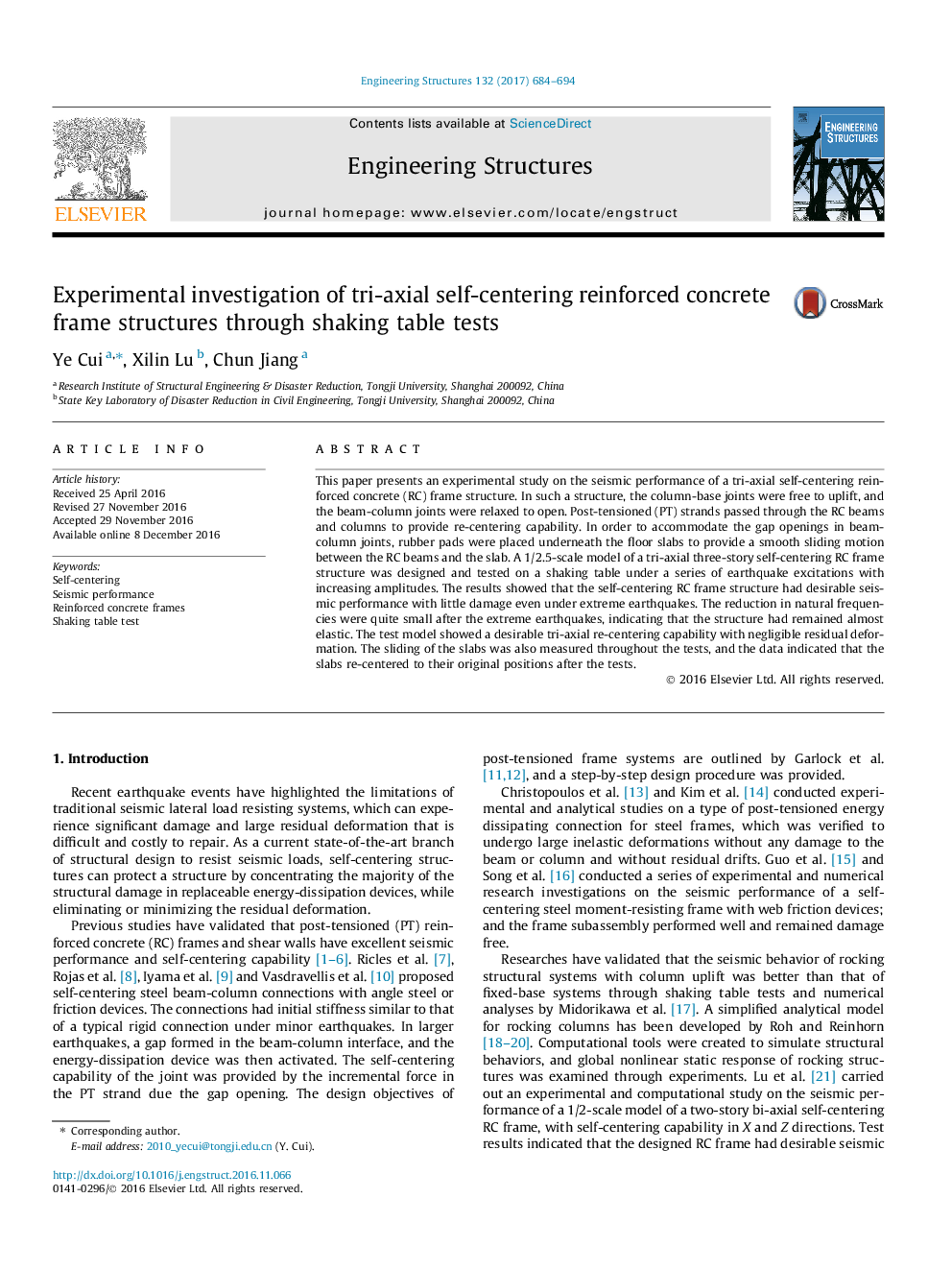 Experimental investigation of tri-axial self-centering reinforced concrete frame structures through shaking table tests