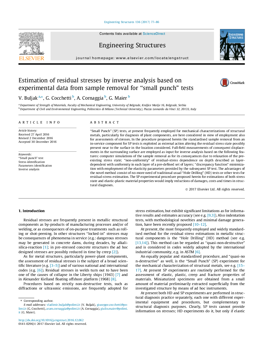 Estimation of residual stresses by inverse analysis based on experimental data from sample removal for “small punch” tests