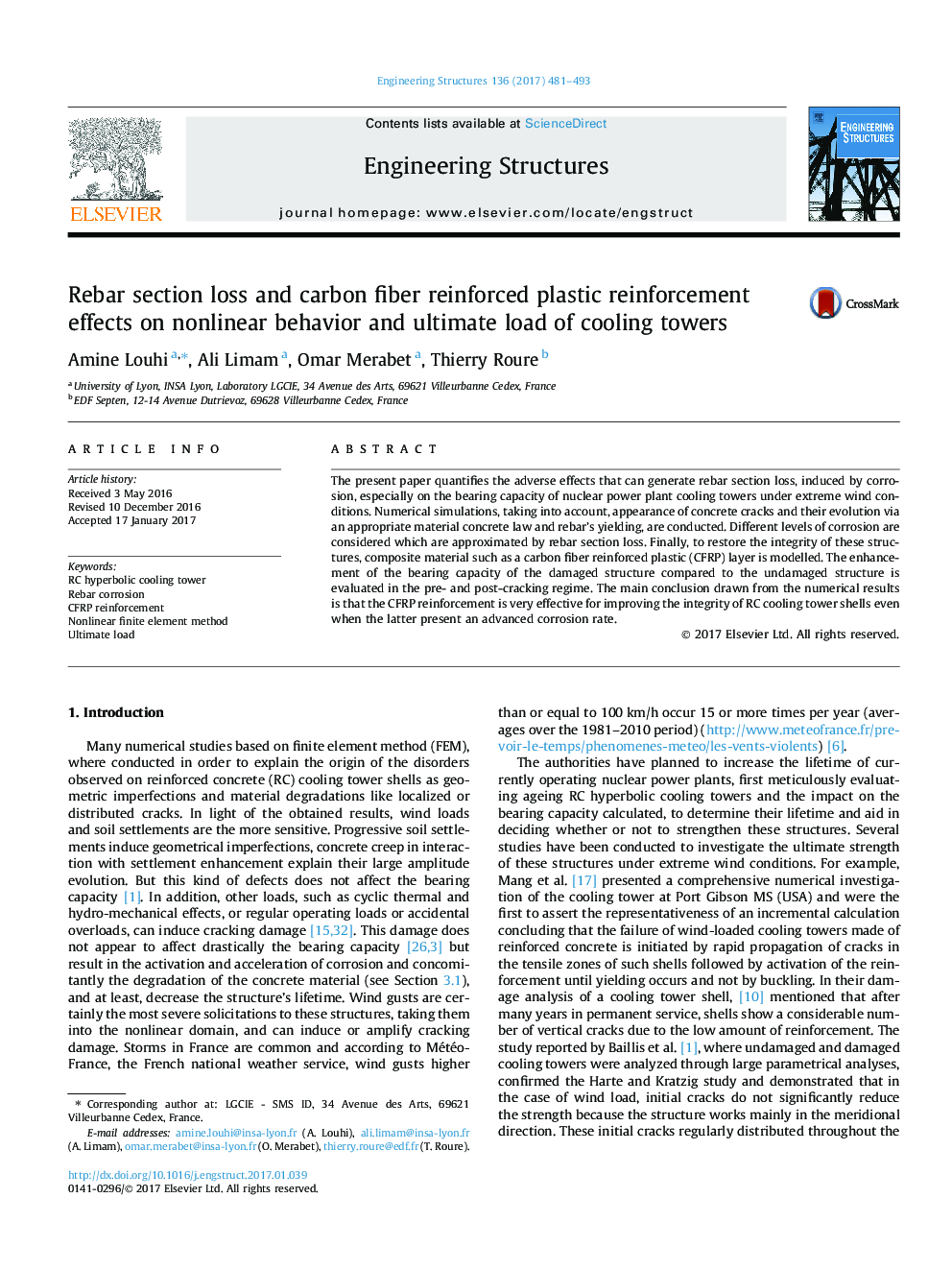 Rebar section loss and carbon fiber reinforced plastic reinforcement effects on nonlinear behavior and ultimate load of cooling towers