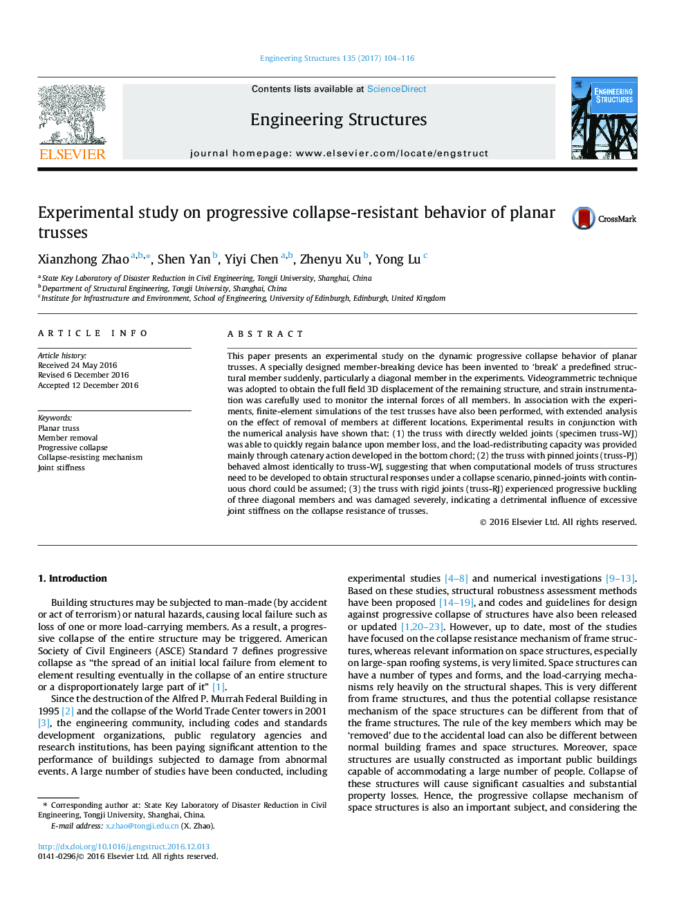 Experimental study on progressive collapse-resistant behavior of planar trusses