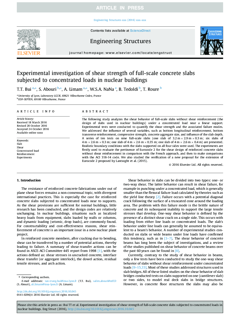 Experimental investigation of shear strength of full-scale concrete slabs subjected to concentrated loads in nuclear buildings