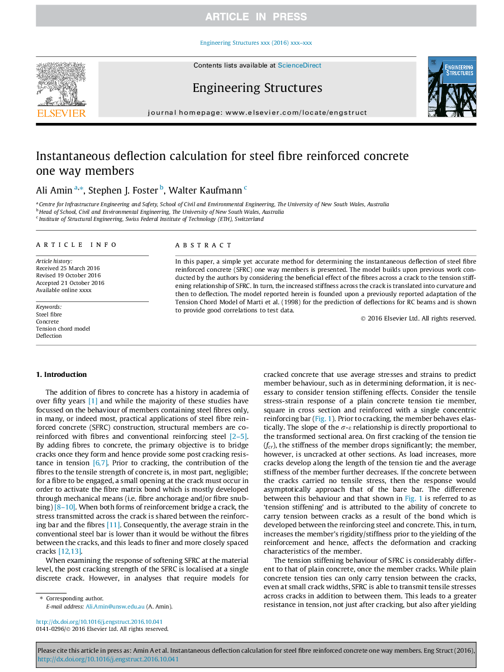 Instantaneous deflection calculation for steel fibre reinforced concrete one way members