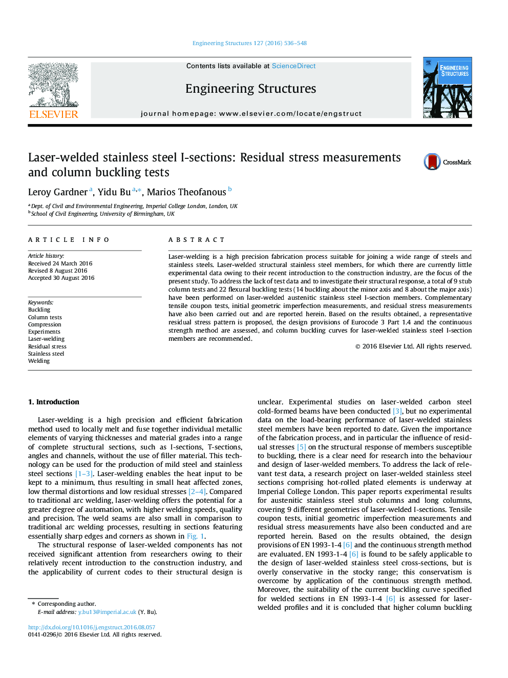 Laser-welded stainless steel I-sections: Residual stress measurements and column buckling tests