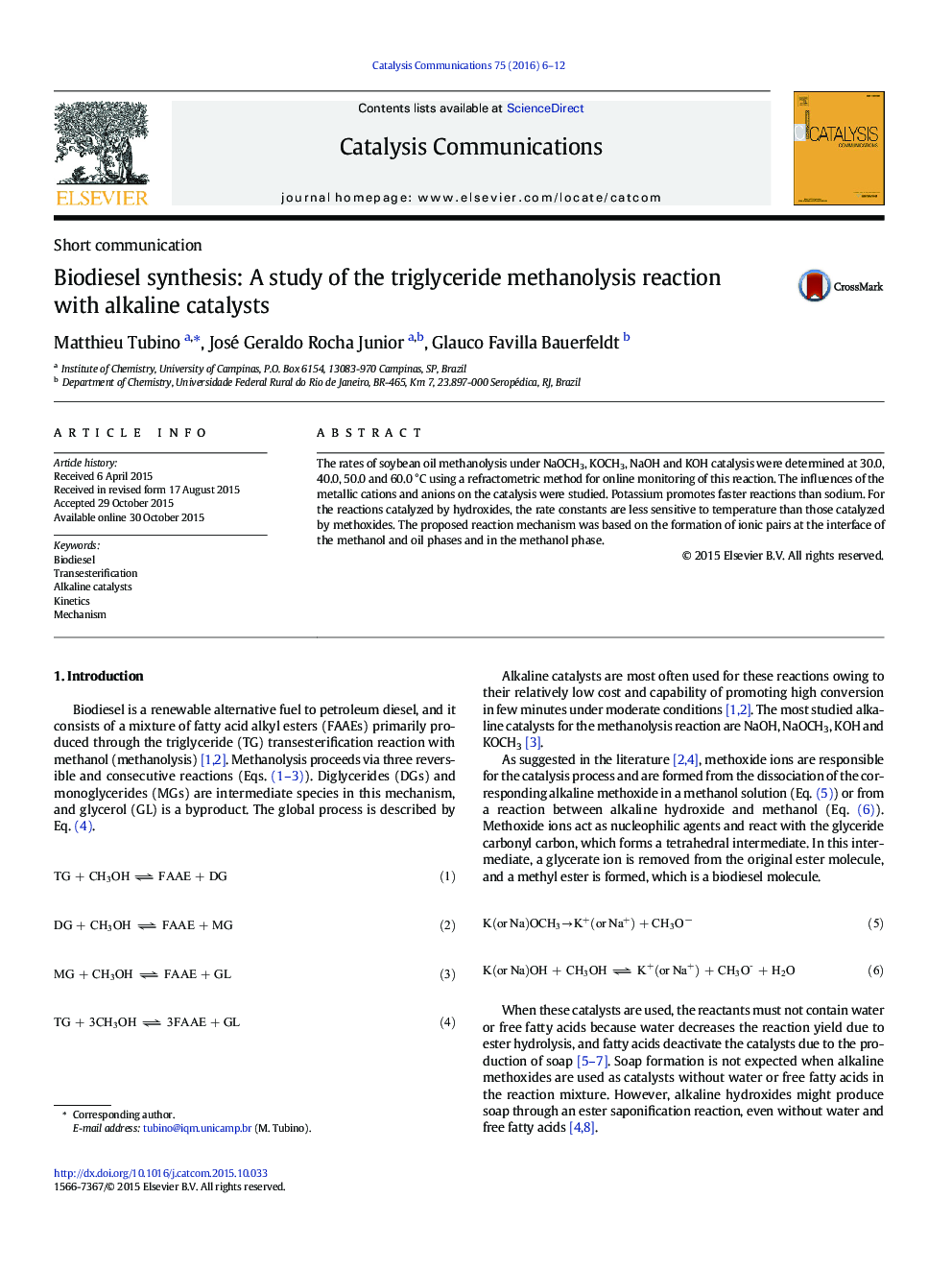 Biodiesel synthesis: A study of the triglyceride methanolysis reaction with alkaline catalysts