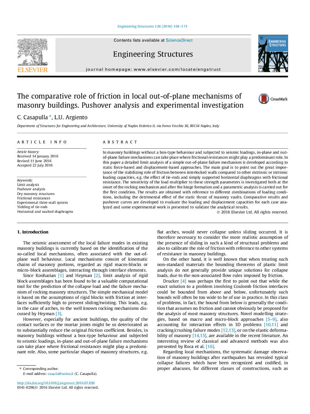 عکس صفحه اول مقاله: The comparative role of friction in local out-of-plane mechanisms of masonry buildings. Pushover analysis and experimental investigation The comparative role of friction in local out-of-plane mechanisms of masonry buildings. Pushover analysis and experimental investigation