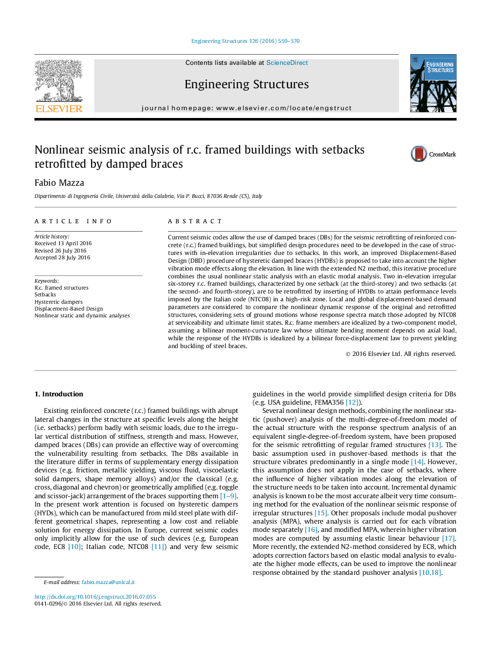 Nonlinear seismic analysis of r.c. framed buildings with setbacks retrofitted by damped braces