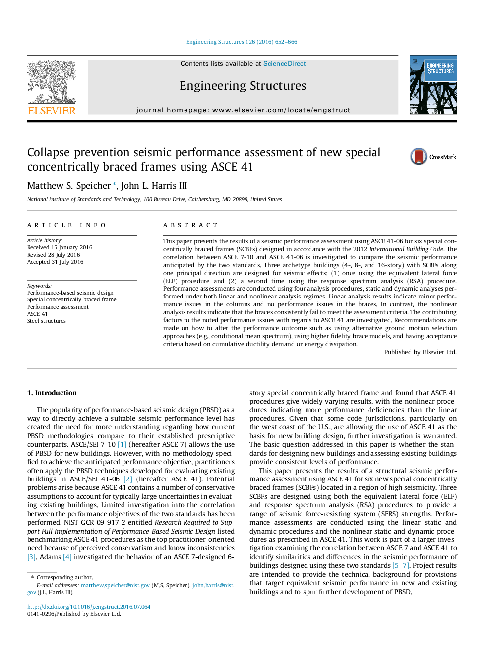 Collapse prevention seismic performance assessment of new special concentrically braced frames using ASCE 41