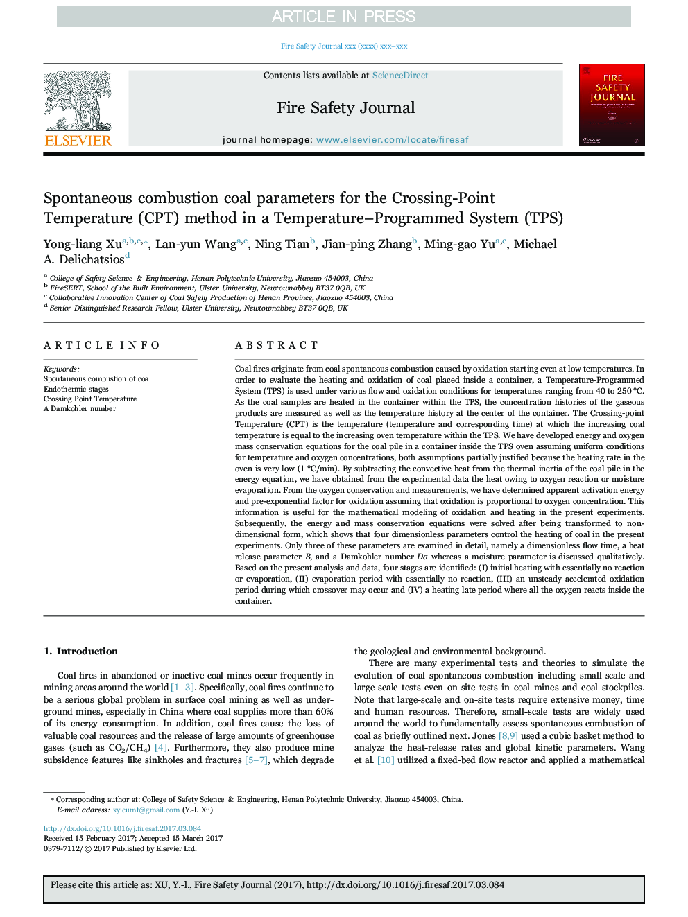 Spontaneous combustion coal parameters for the Crossing-Point Temperature (CPT) method in a Temperature-Programmed System (TPS)