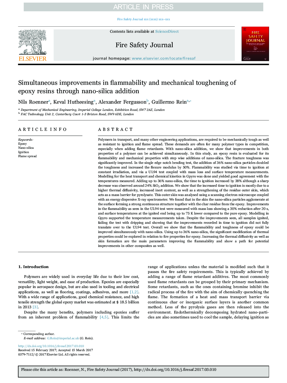 Simultaneous improvements in flammability and mechanical toughening of epoxy resins through nano-silica addition