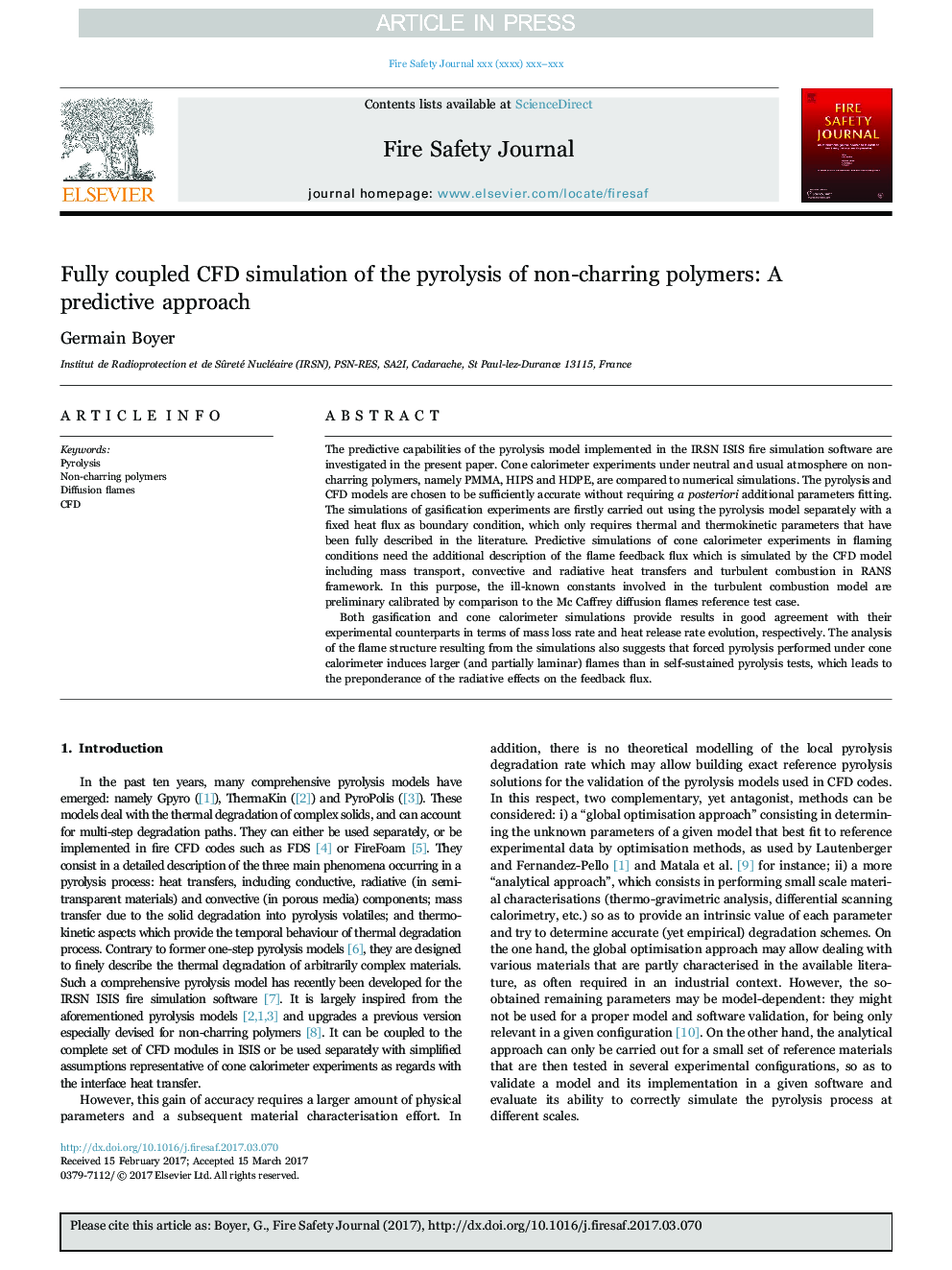 Fully coupled CFD simulation of the pyrolysis of non-charring polymers: A predictive approach