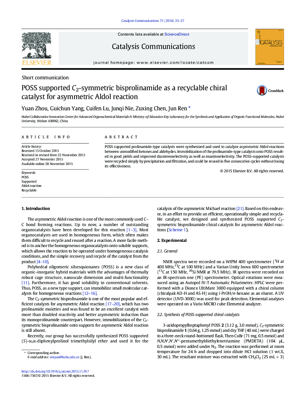 POSS supported C2-symmetric bisprolinamide as a recyclable chiral catalyst for asymmetric Aldol reaction