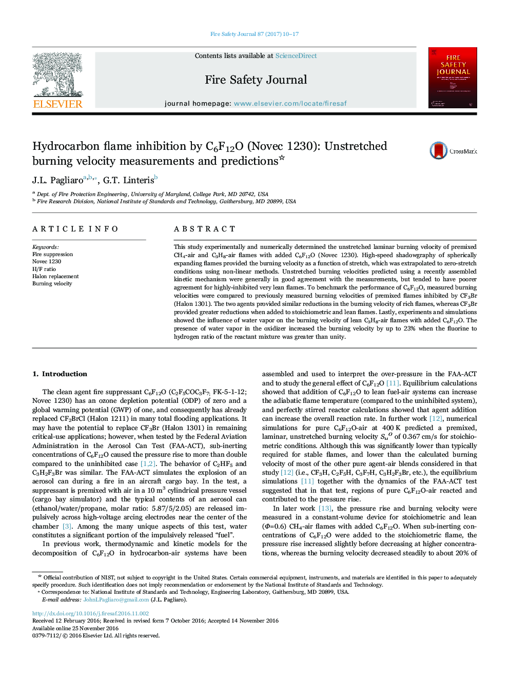 Hydrocarbon flame inhibition by C6F12O (Novec 1230): Unstretched burning velocity measurements and predictions