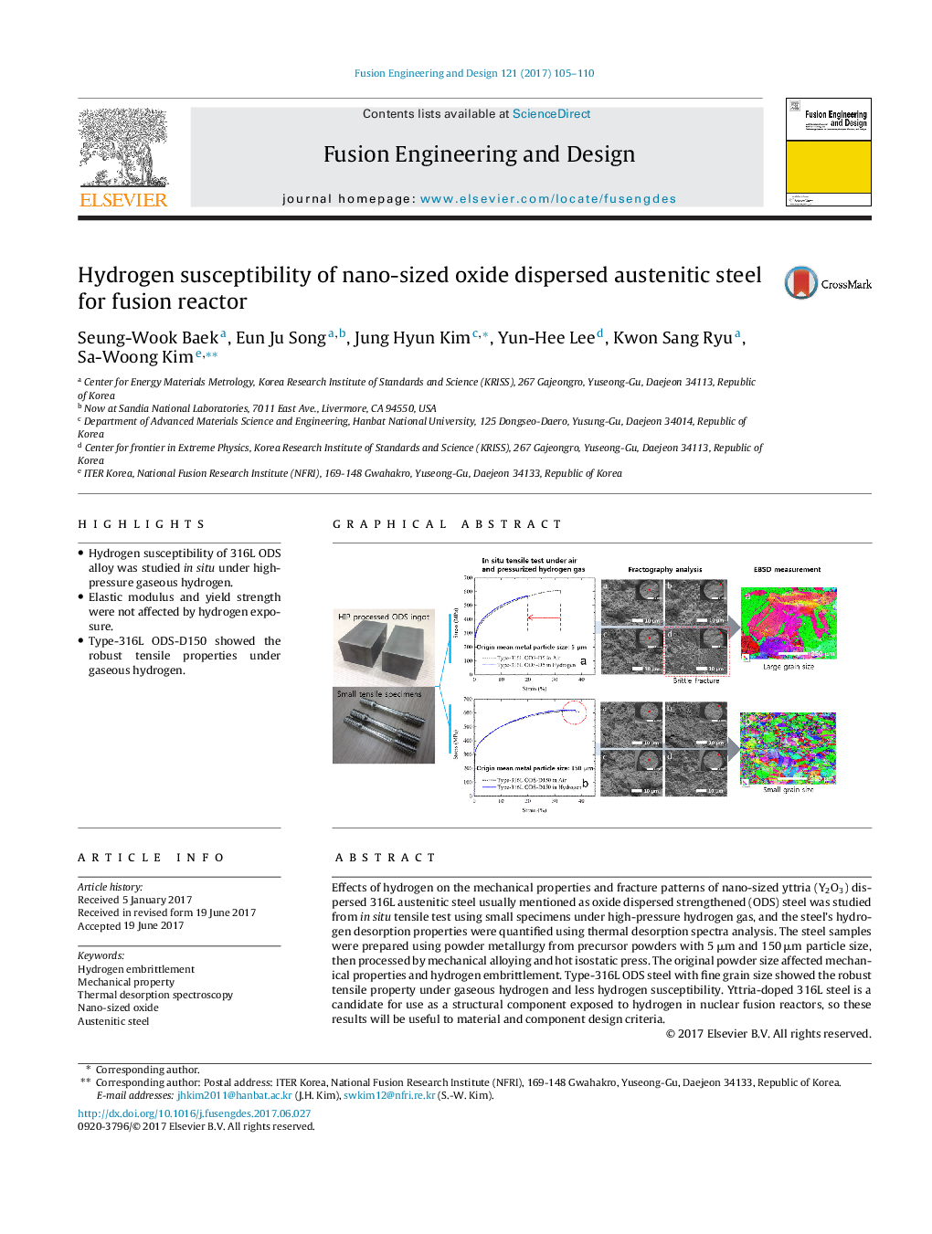 Hydrogen susceptibility of nano-sized oxide dispersed austenitic steel for fusion reactor