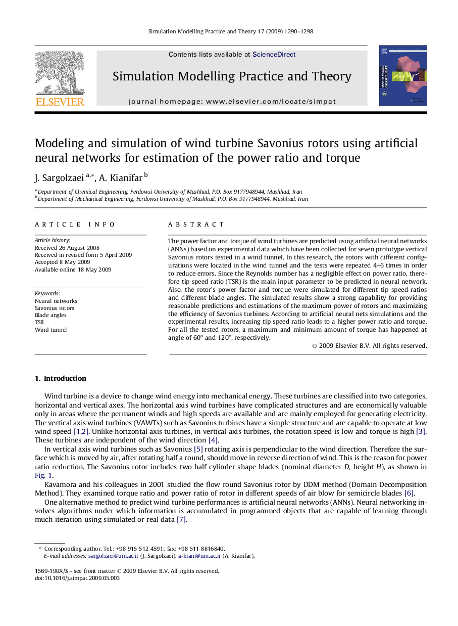 Modeling and simulation of wind turbine Savonius rotors using artificial neural networks for estimation of the power ratio and torque