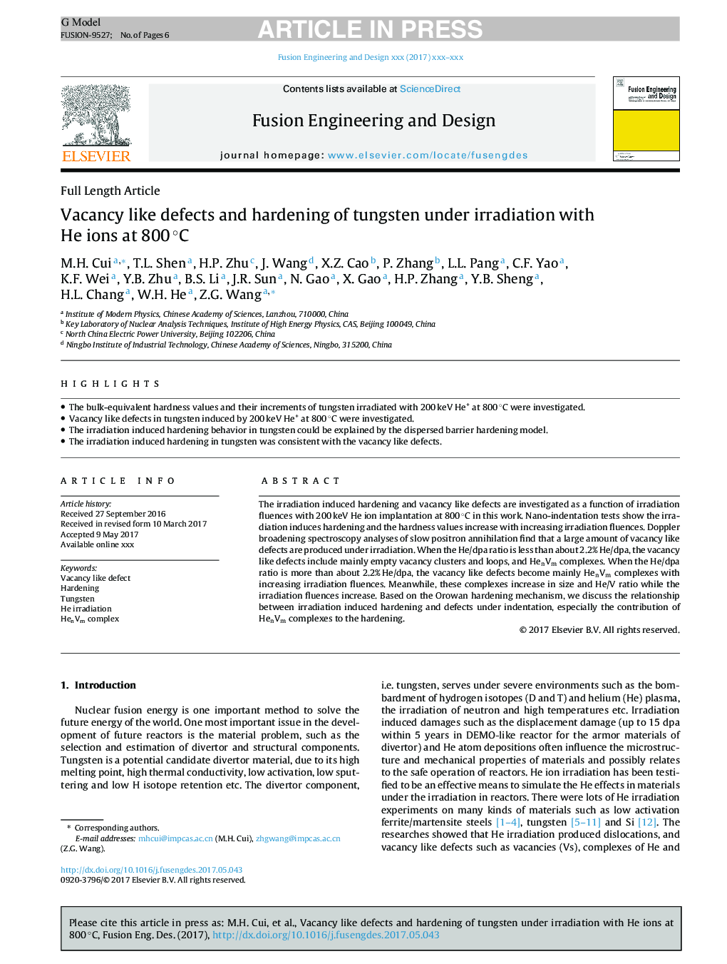 Vacancy like defects and hardening of tungsten under irradiation with He ions at 800Â Â°C