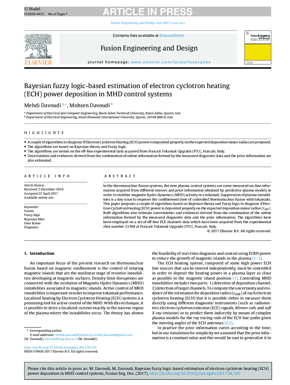 Bayesian fuzzy logic-based estimation of electron cyclotron heating (ECH) power deposition in MHD control systems