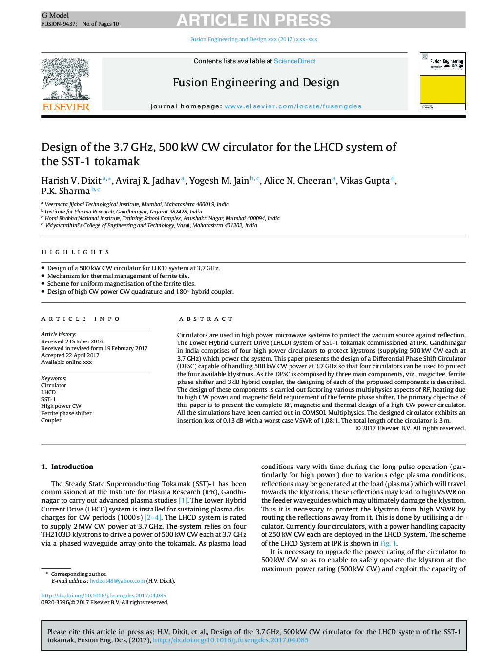 Design of the 3.7Â GHz, 500Â kW CW circulator for the LHCD system of the SST-1 tokamak