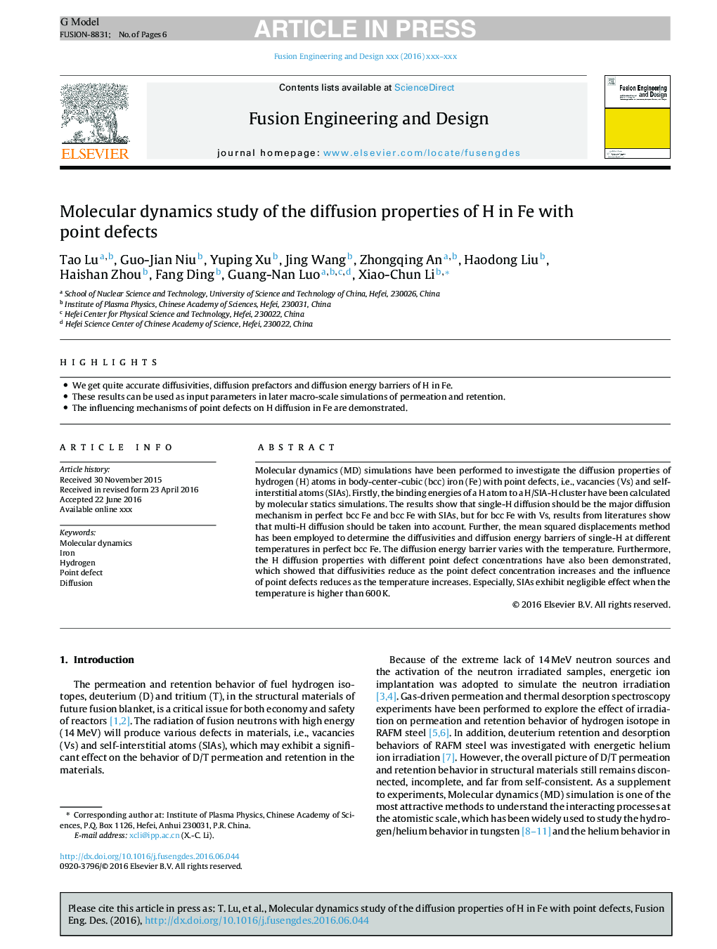 Molecular dynamics study of the diffusion properties of H in Fe with point defects