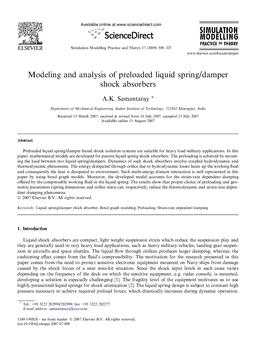 Modeling and analysis of preloaded liquid spring/damper shock absorbers