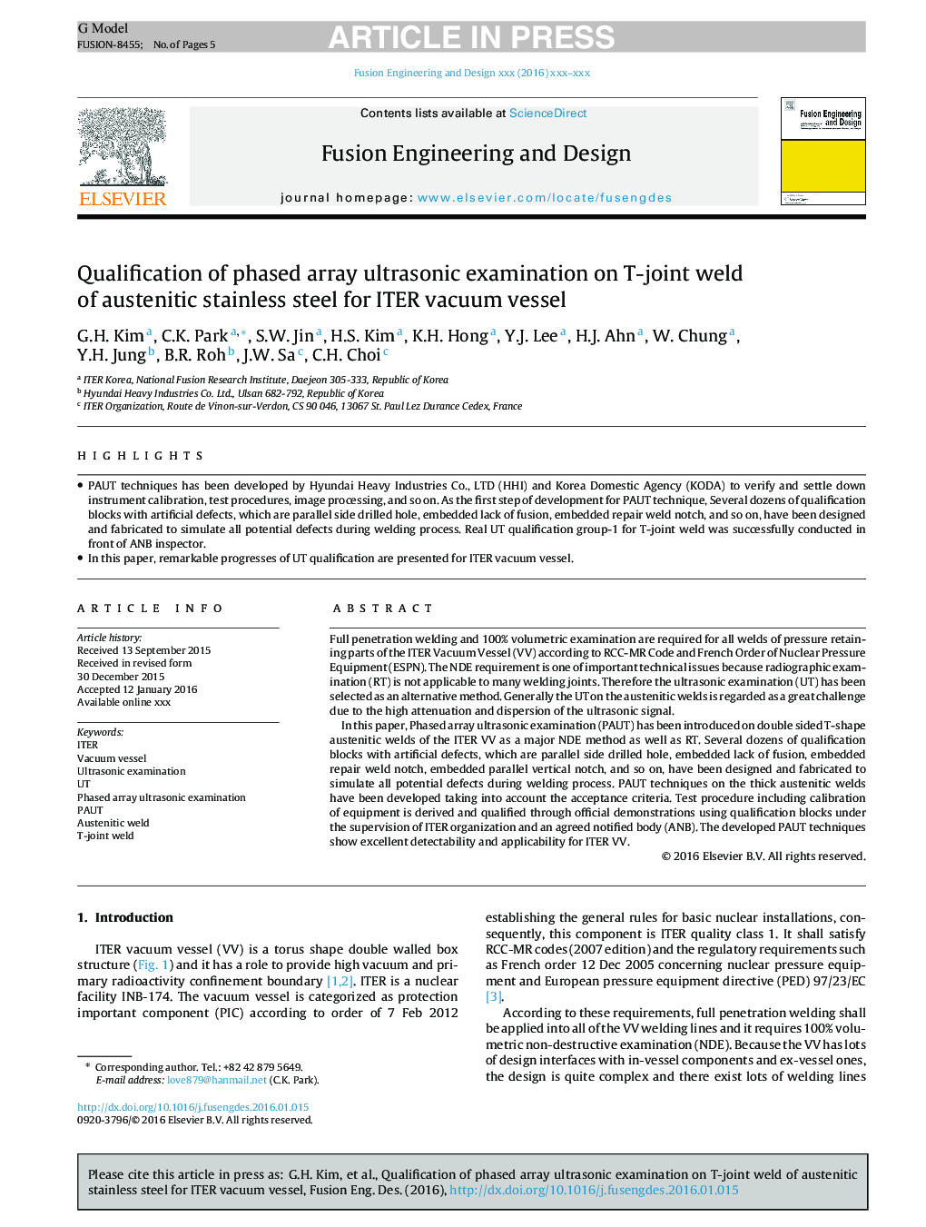 Qualification of phased array ultrasonic examination on T-joint weld of austenitic stainless steel for ITER vacuum vessel