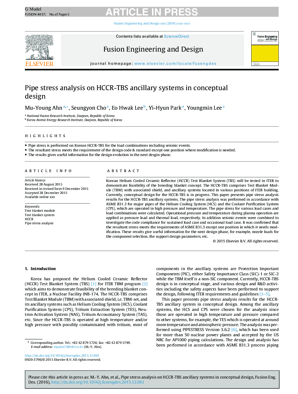 Pipe stress analysis on HCCR-TBS ancillary systems in conceptual design