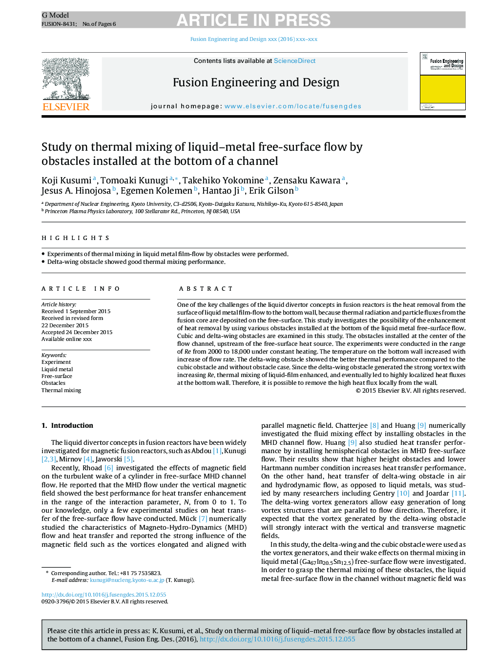 Study on thermal mixing of liquid-metal free-surface flow by obstacles installed at the bottom of a channel