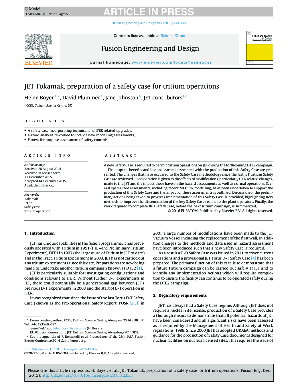 JET Tokamak, preparation of a safety case for tritium operations