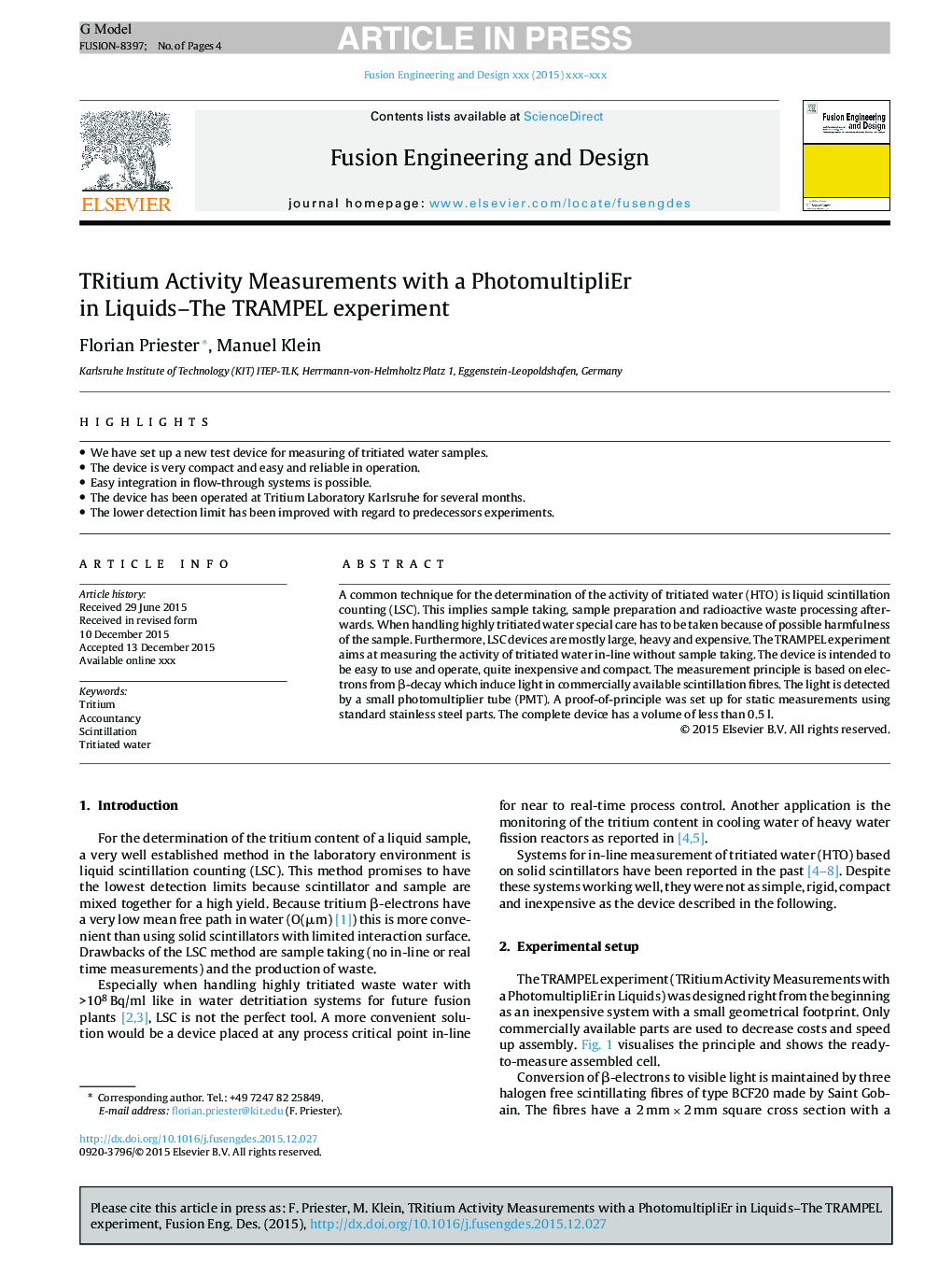 TRitium Activity Measurements with a PhotomultipliEr in Liquids-The TRAMPEL experiment