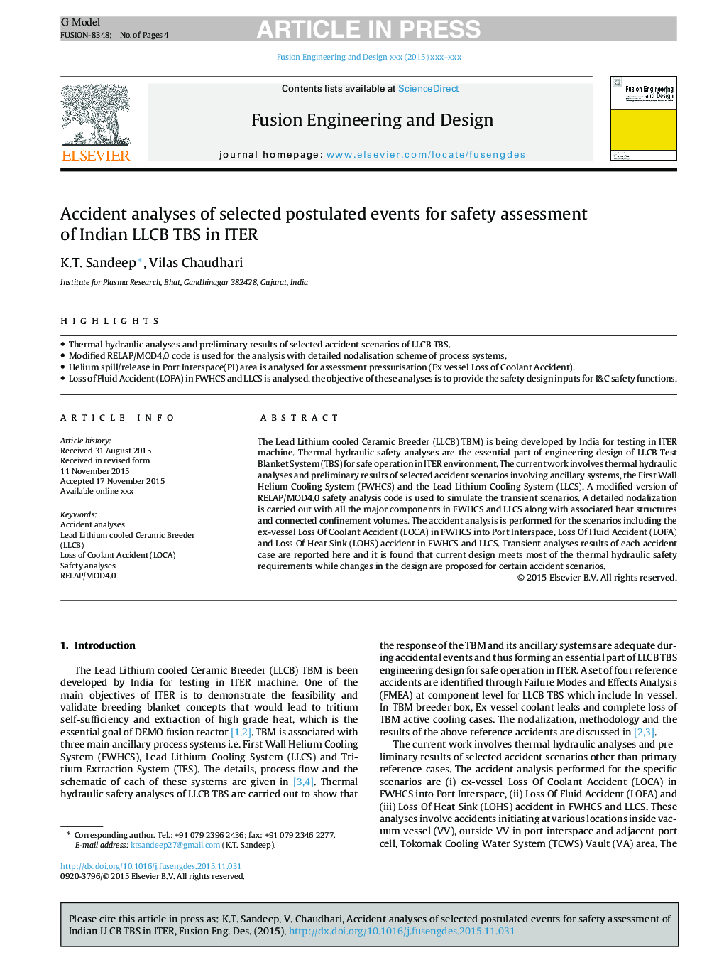 Accident analyses of selected postulated events for safety assessment of Indian LLCB TBS in ITER