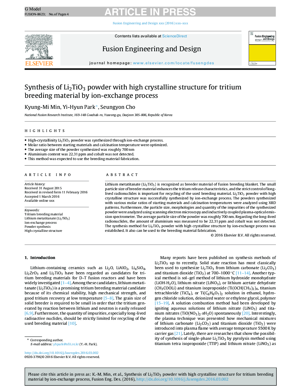 Synthesis of Li2TiO3 powder with high crystalline structure for tritium breeding material by ion-exchange process