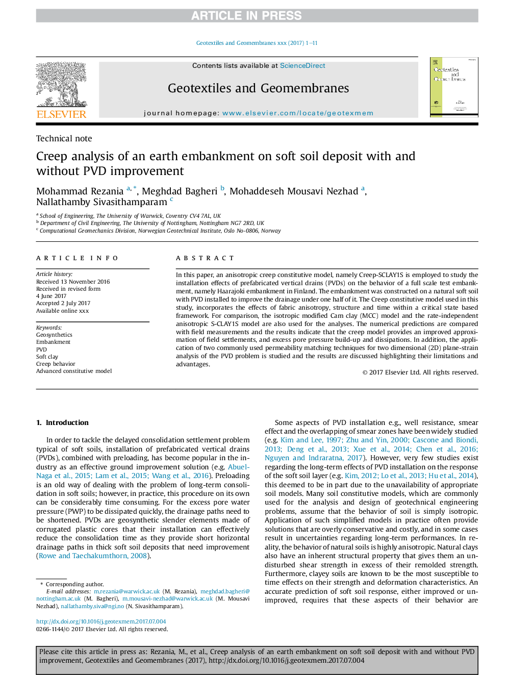 Creep analysis of an earth embankment on soft soil deposit with and without PVD improvement