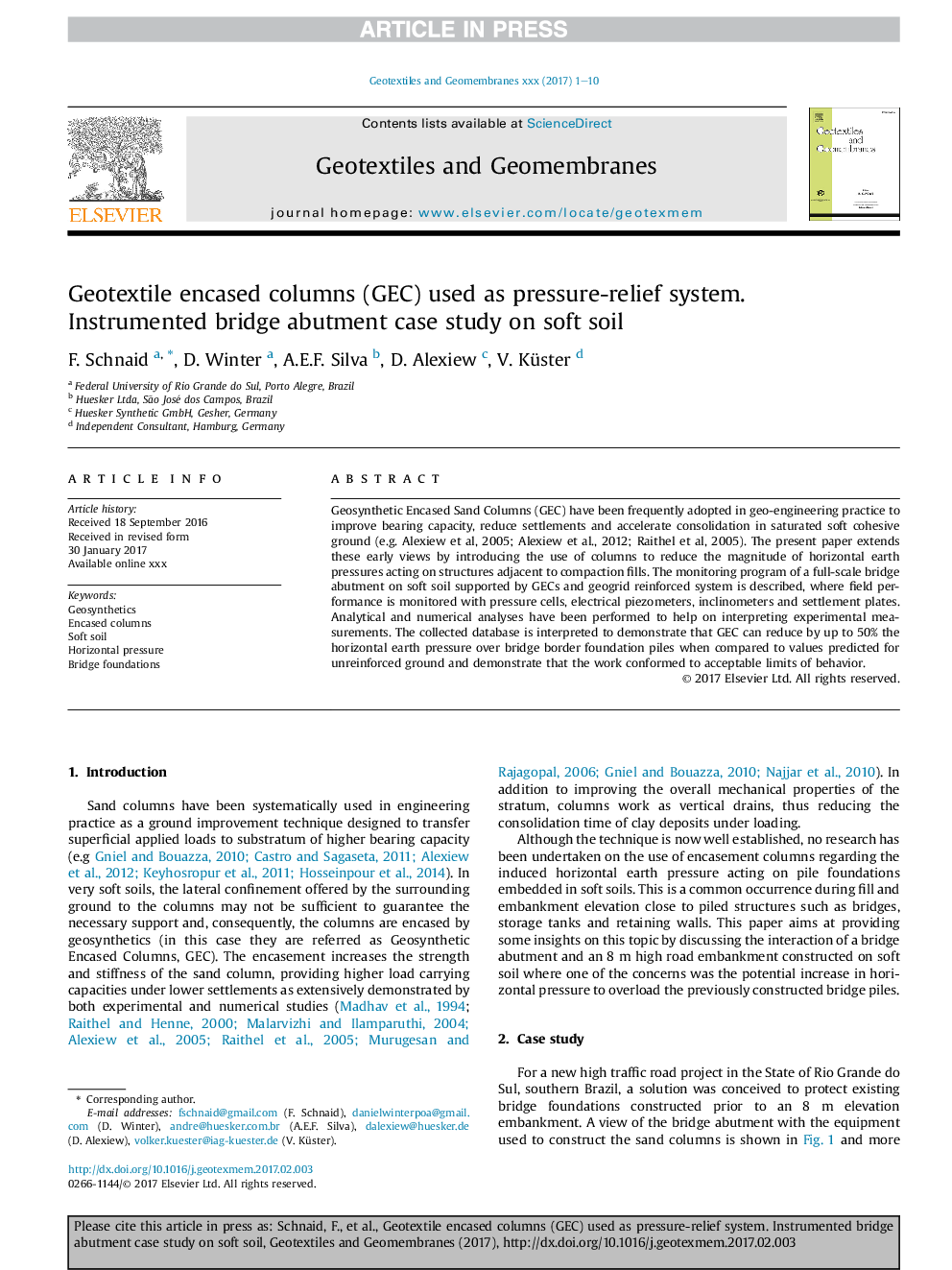 Geotextile encased columns (GEC) used as pressure-relief system. Instrumented bridge abutment case study on soft soil