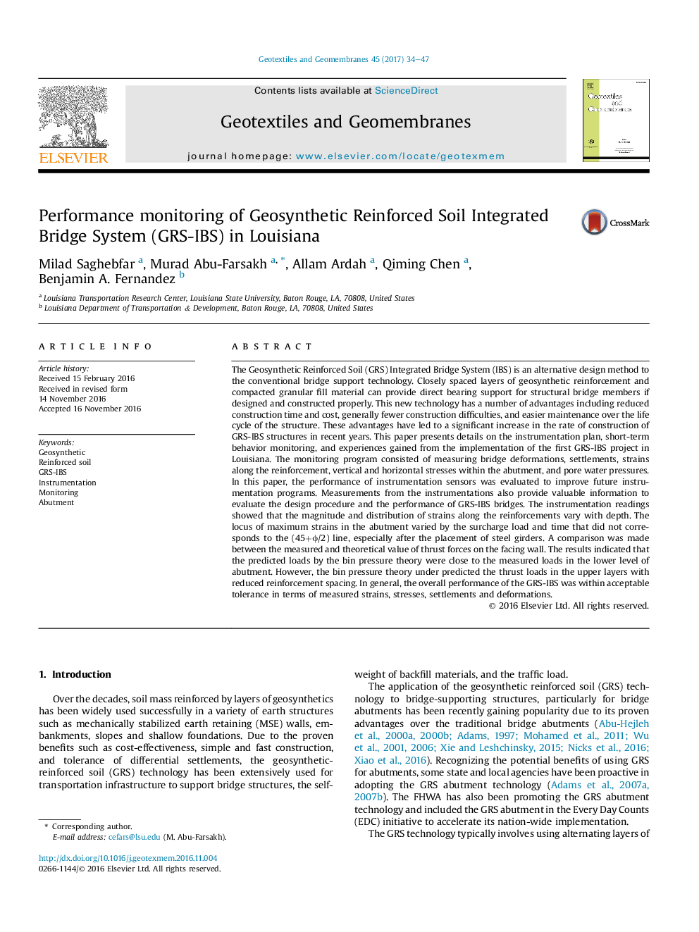 Performance monitoring of Geosynthetic Reinforced Soil Integrated Bridge System (GRS-IBS) in Louisiana