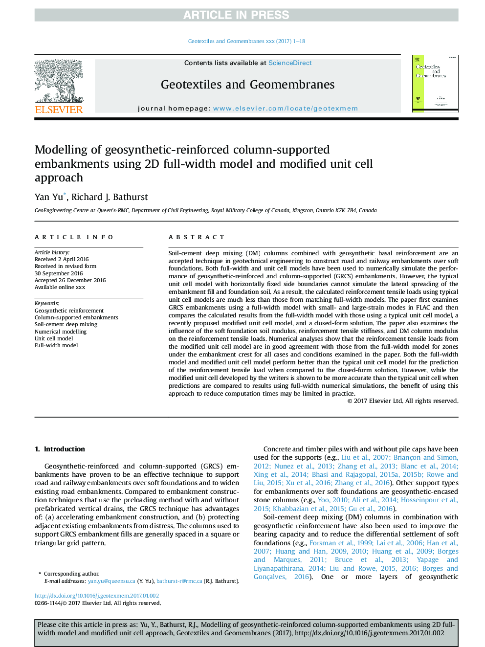 Modelling of geosynthetic-reinforced column-supported embankments using 2D full-width model and modified unit cell approach
