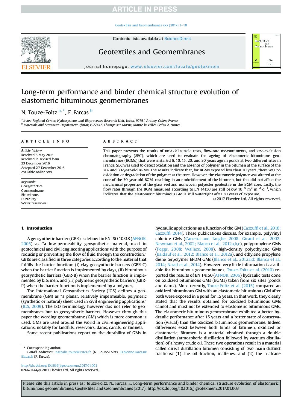 Long-term performance and binder chemical structure evolution of elastomeric bituminous geomembranes